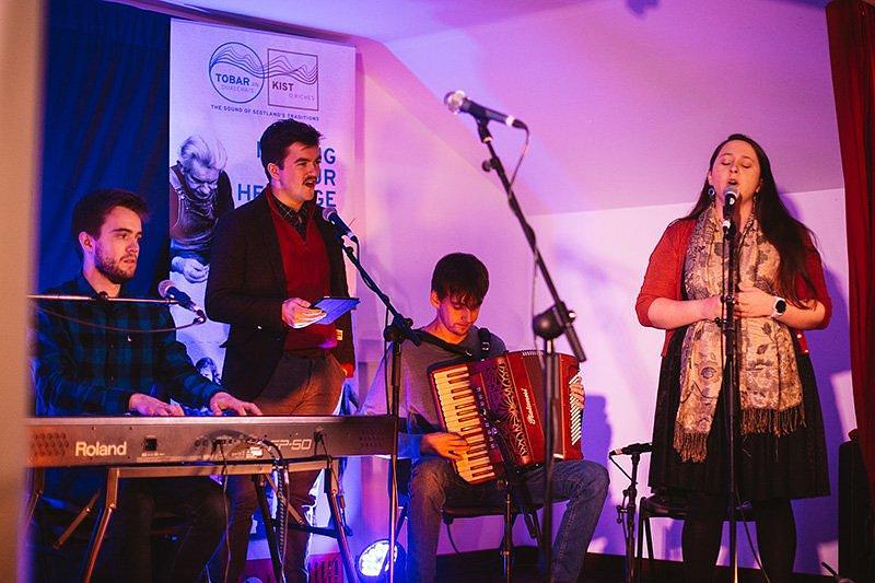 Some of the Traditional Music students from Sabhal Mòr Ostaig performing at the cèilidh in Kilmuir