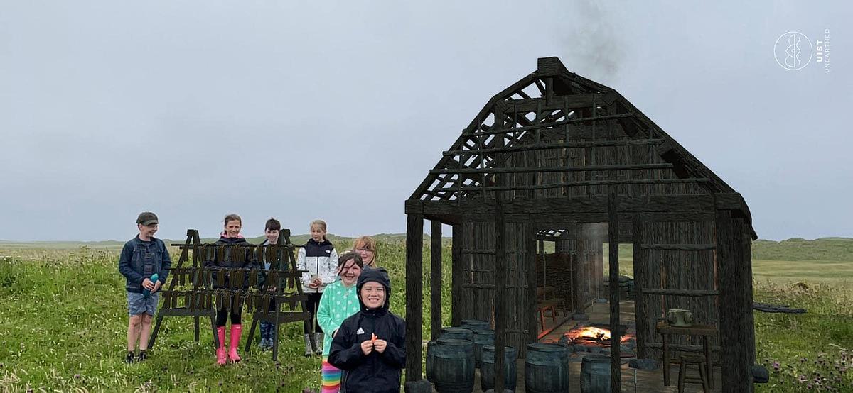 Uist children at the historic site in Bornais, brought to life by AR.